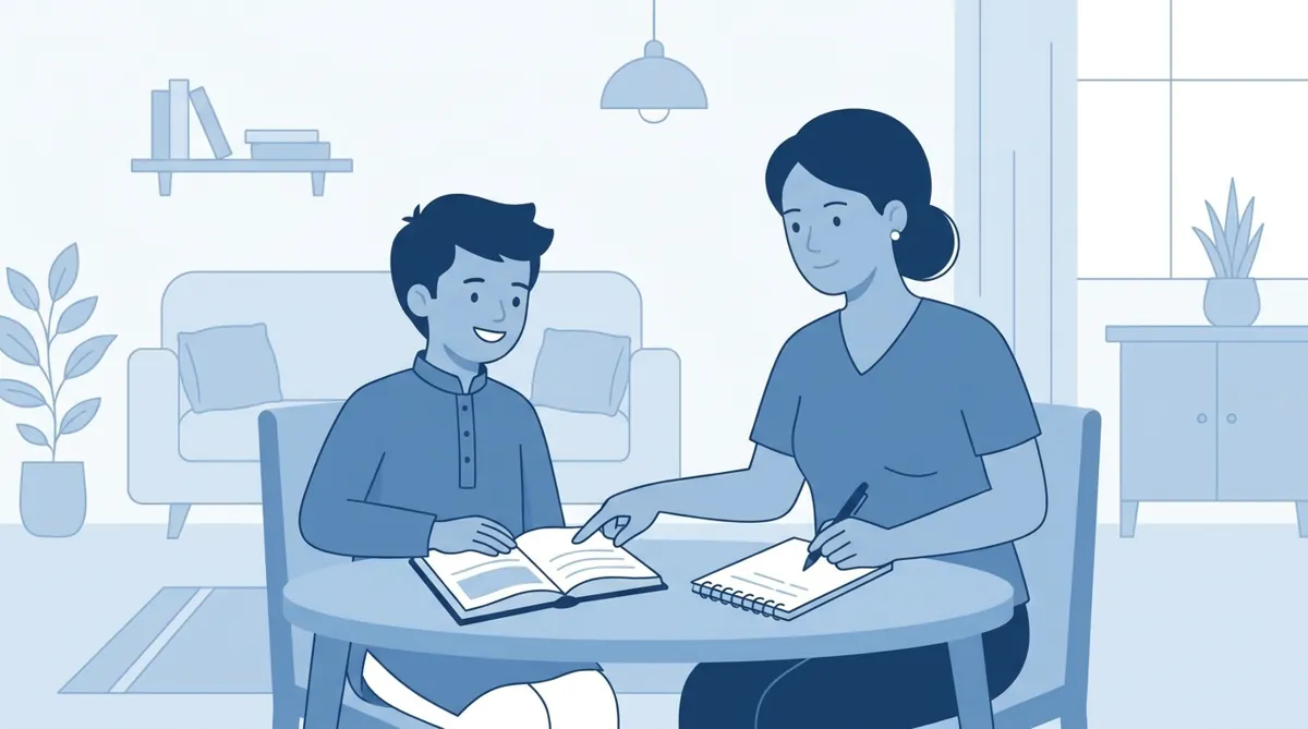 A student and tutor studying together at a home desk with books and notebooks, showing personalized one-on-one learning