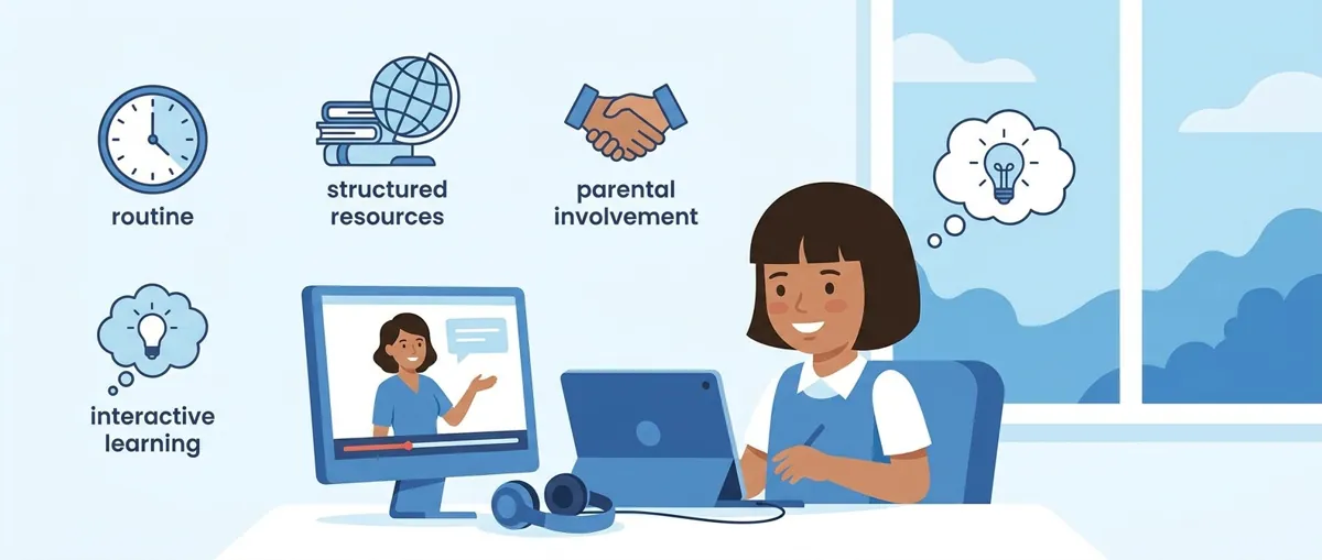 Primary school student attending online tuition class on laptop with tutor visible on screen