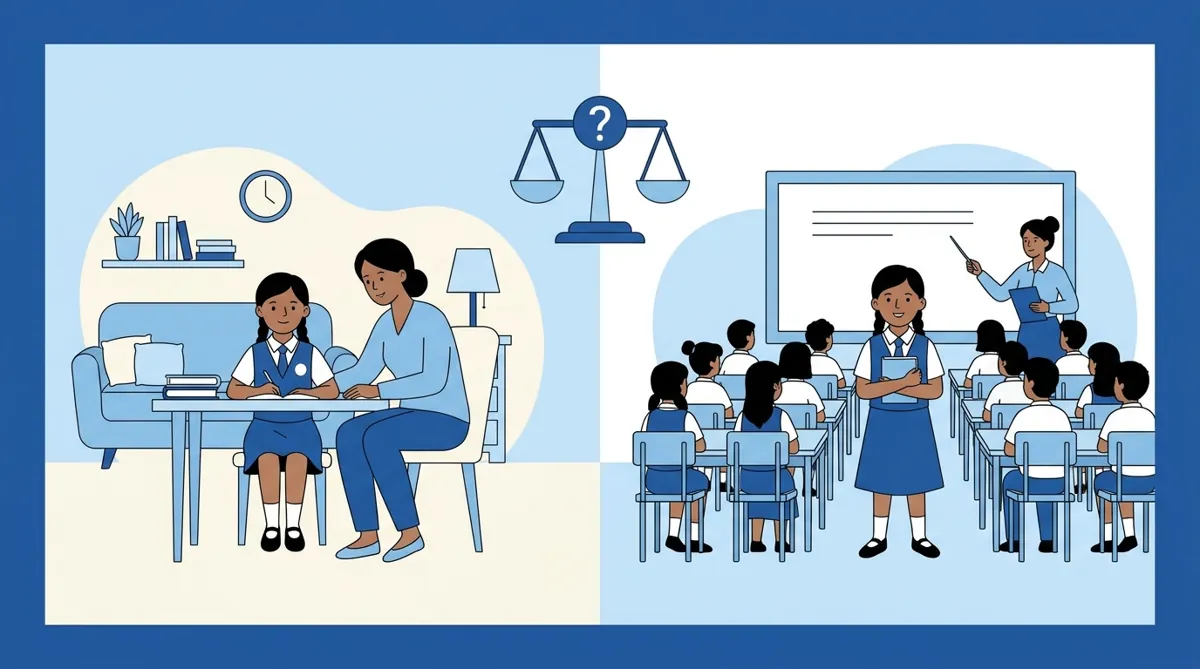 Student studying at home with tutor versus classroom setting in coaching center