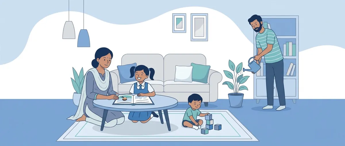 Parent and child studying together at a calm, organized home desk with books and a laptop