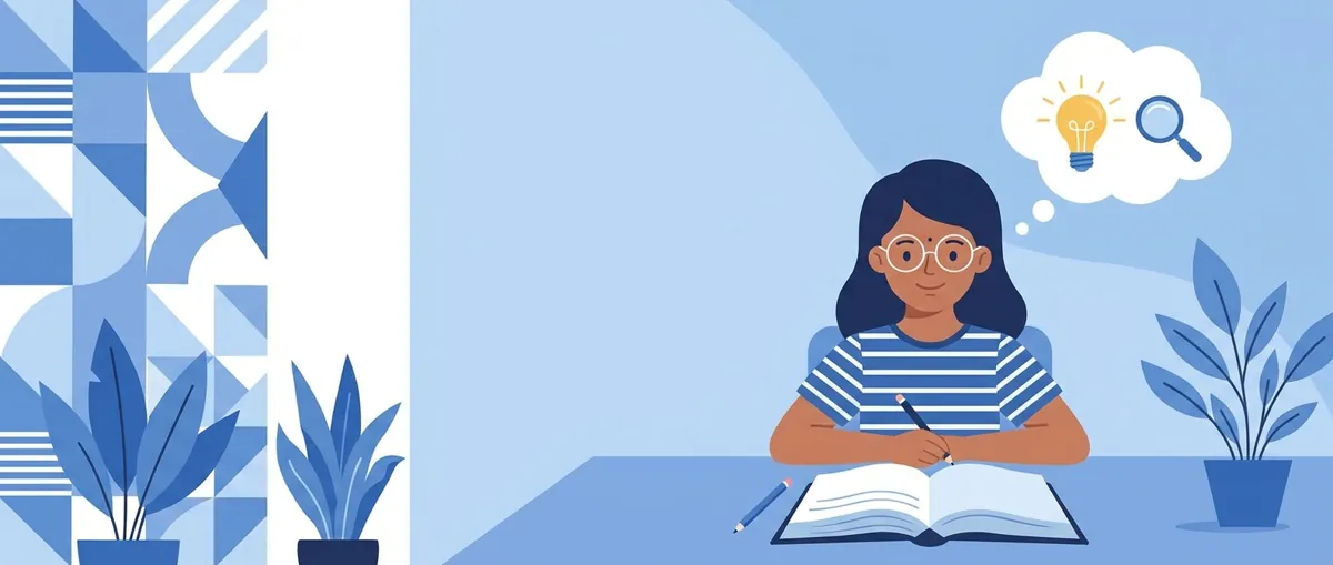 Child sitting at study desk with focused expression, organized books and minimal distractions in background
