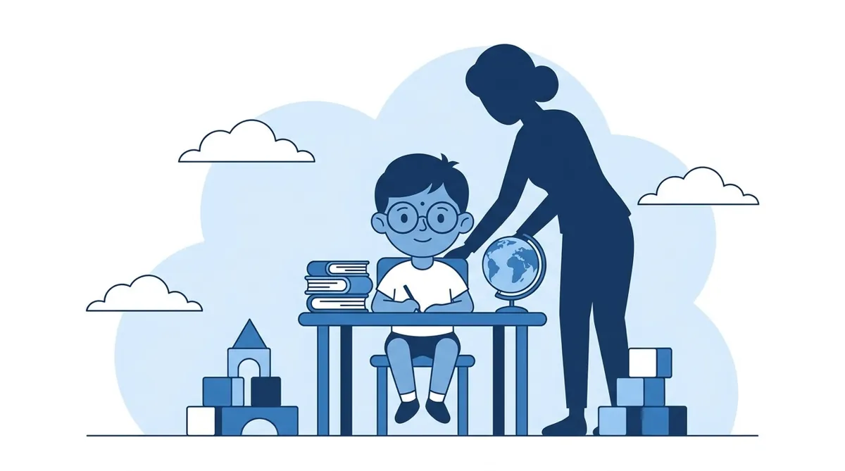 Child sitting at a study desk with books, notebook, and water bottle in a well-lit room with minimal distractions