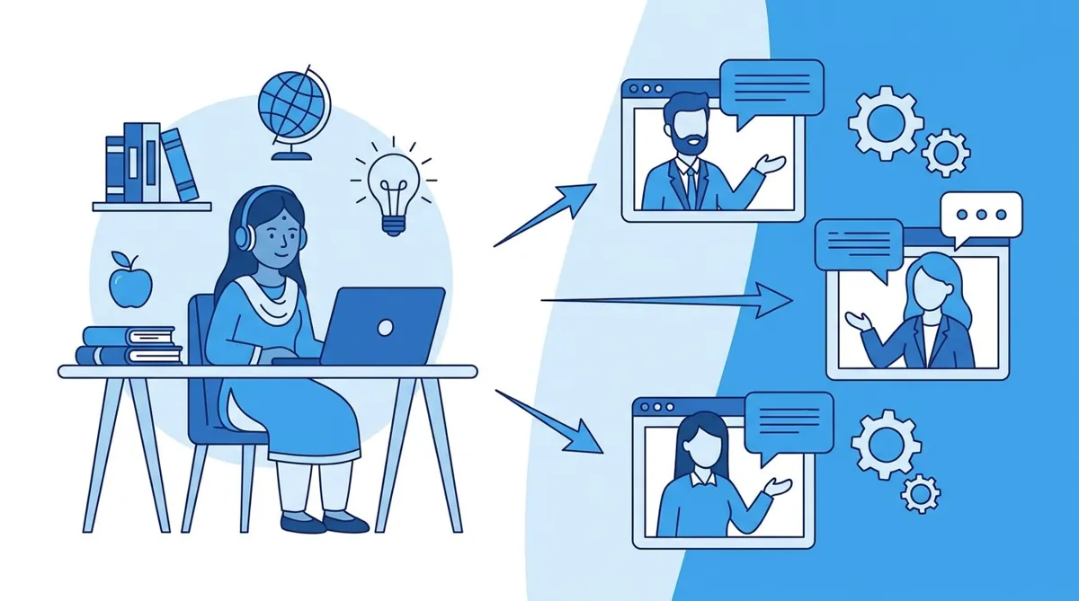 Parent and child video calling with online tutor on laptop, representing virtual tutoring session