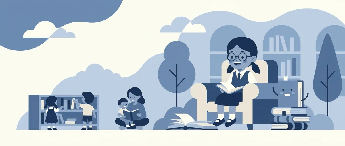 Parent and child reading together on a couch with colorful books in a bright, comfortable reading nook
