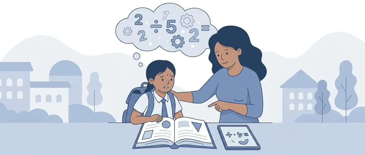 Parent and child working through a maths problem together at a desk with a calm, supportive expression