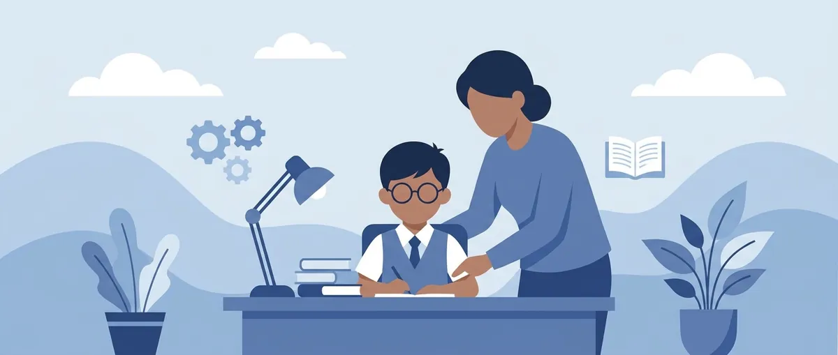 Child sitting at desk with books, focused on studying in a calm, organized room