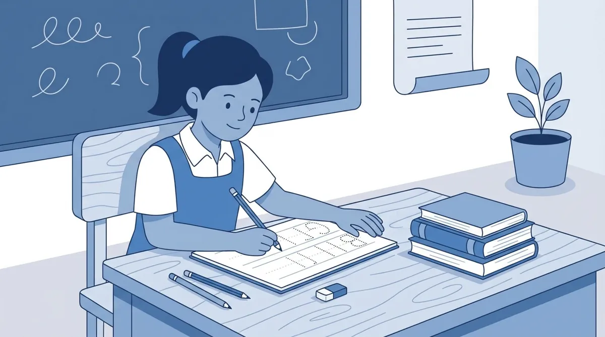 Child practicing handwriting with proper posture and grip at a desk