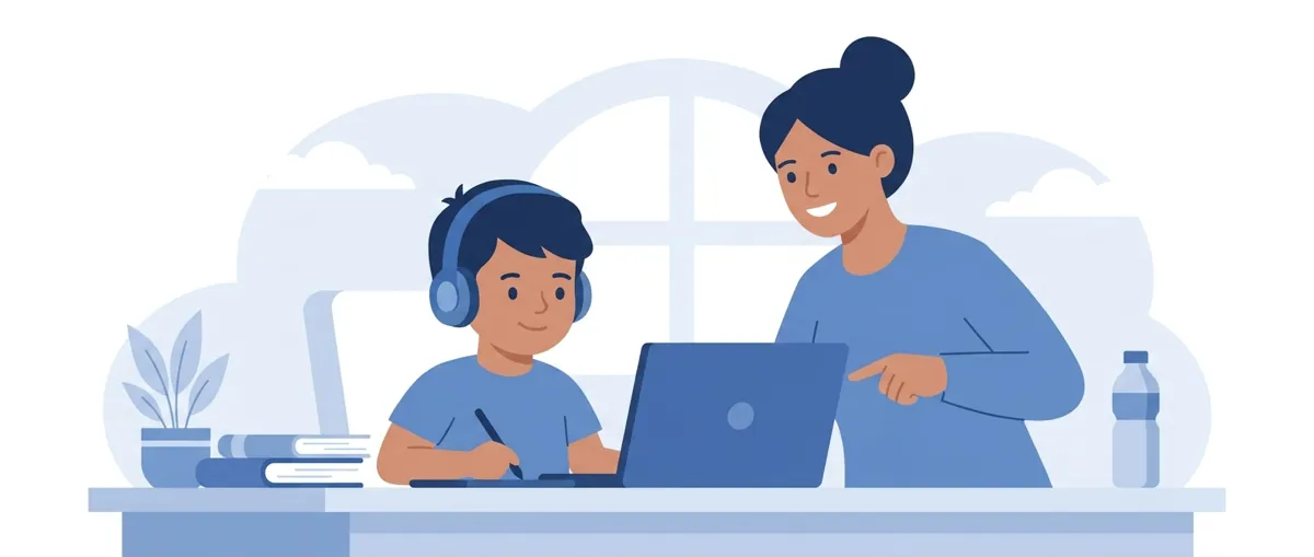 Child sitting at desk with laptop during online tuition class, parent in background ensuring focused learning environment