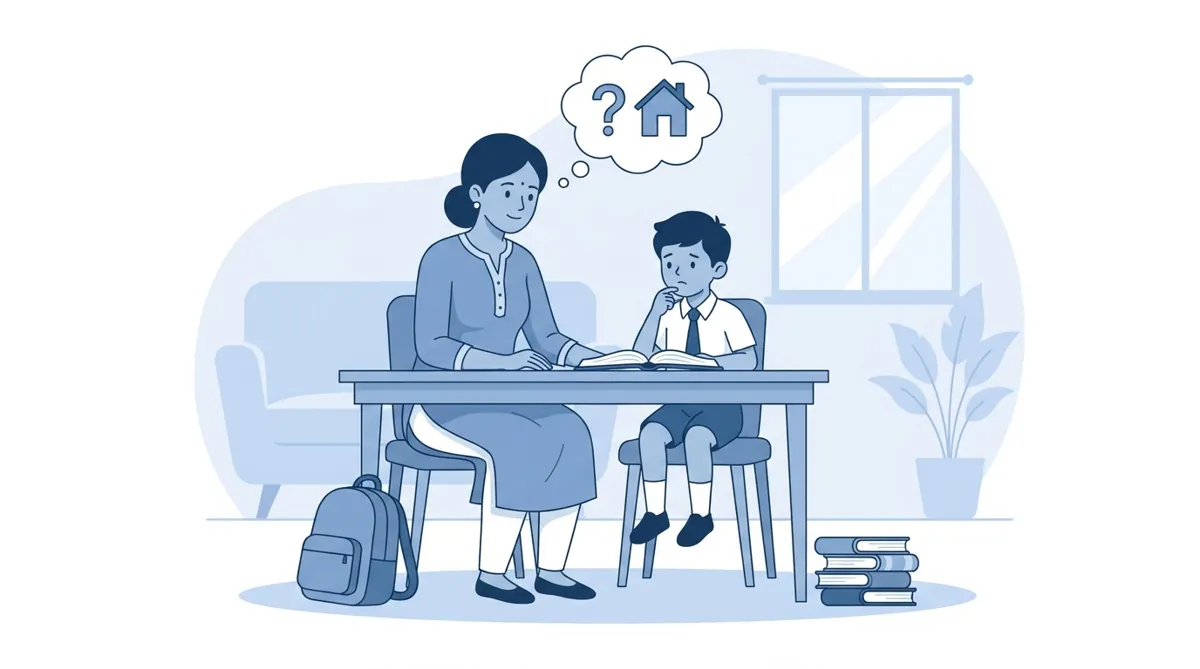 Parent and child discussing academic progress with tutor materials on desk