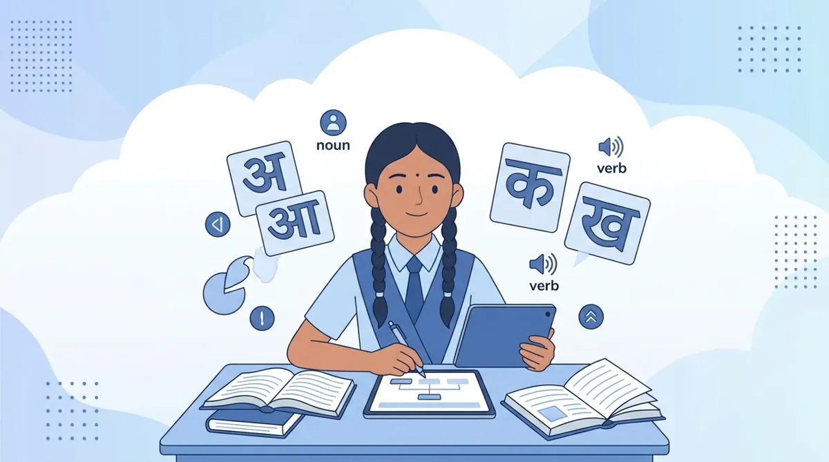 Student studying Hindi grammar with notebook and textbook at desk