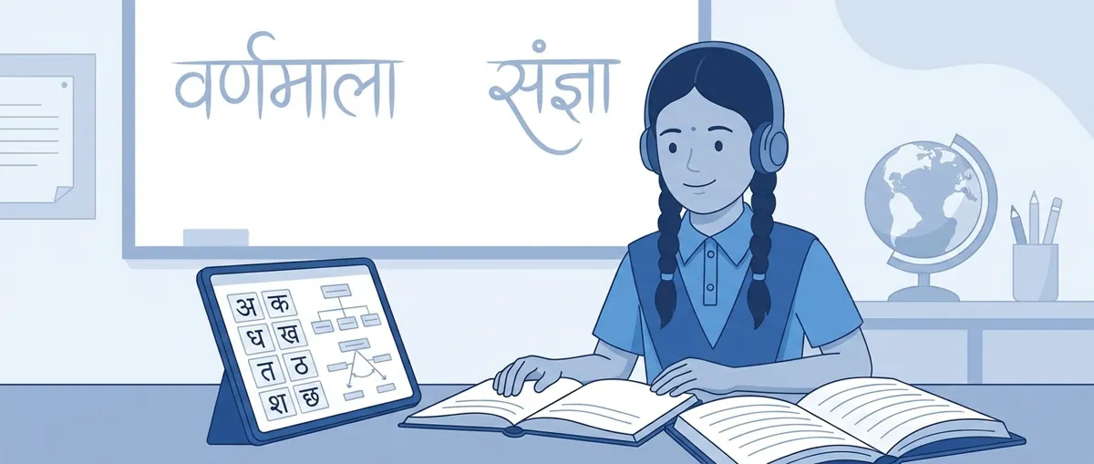 Student studying Hindi grammar with notebook and textbook at desk