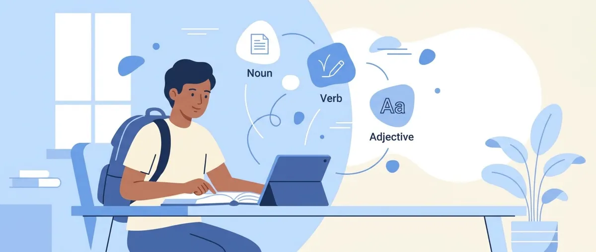 Colorful infographic showing the 8 parts of speech with icons and example sentences