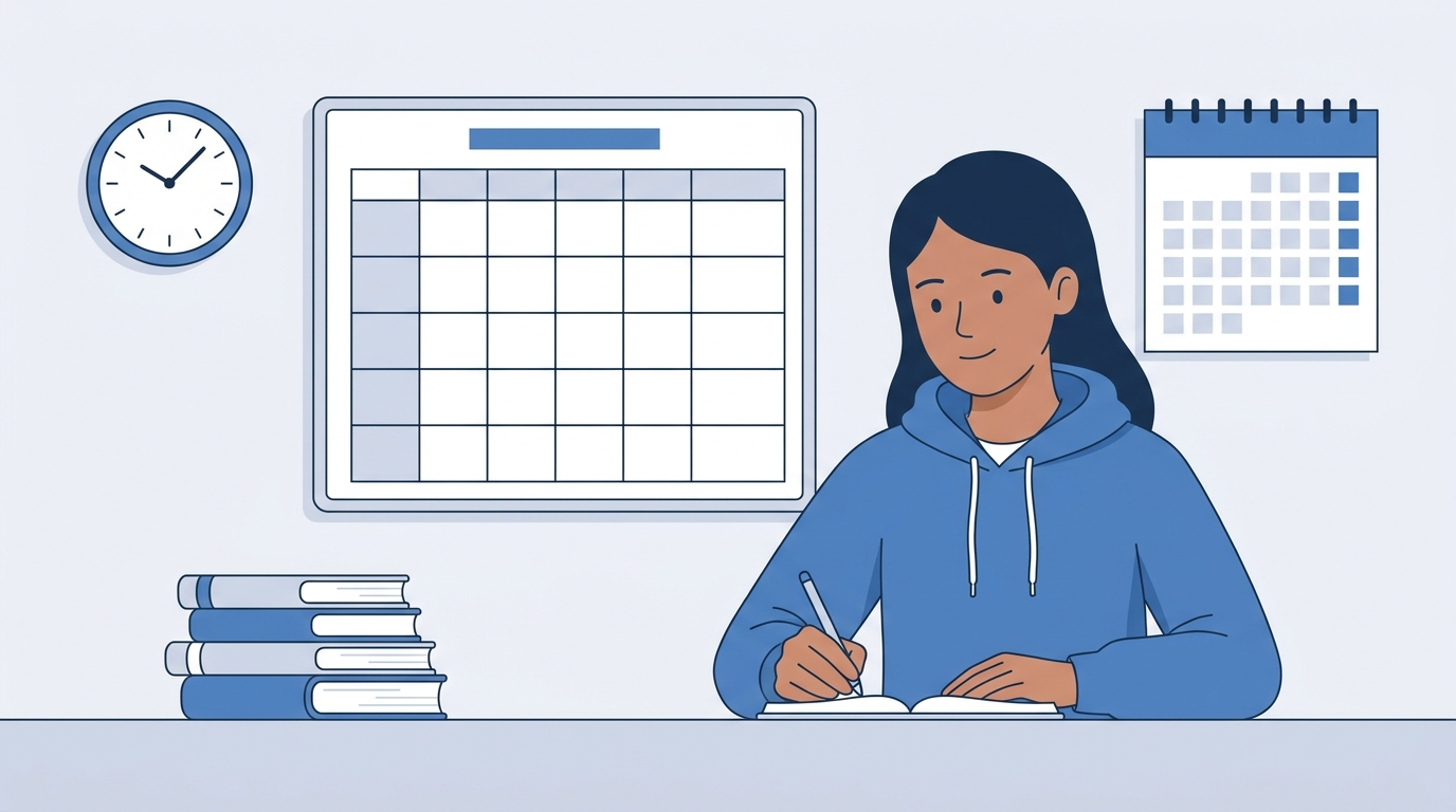 A student writing a study timetable on a notebook with books and a clock in the background