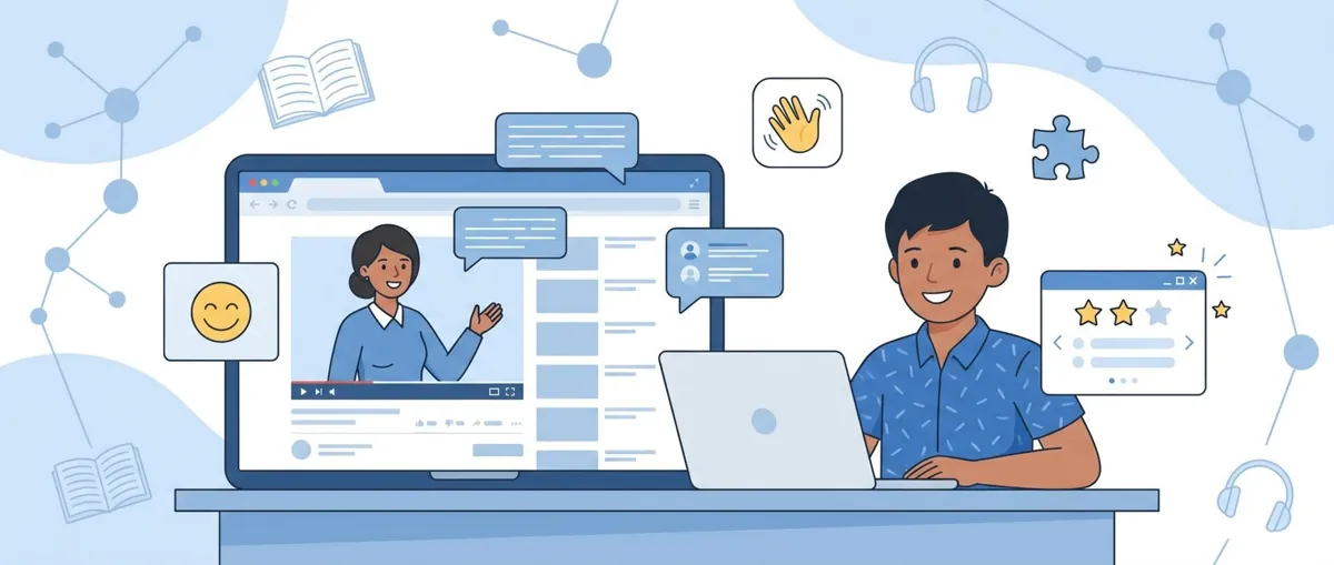 A child smiling during an interactive online class with colorful learning tools and a tutor on screen