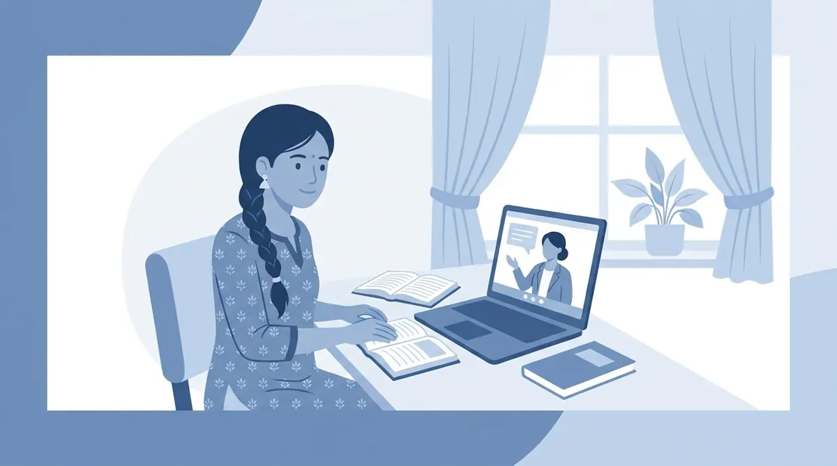 Student and tutor studying together at home desk with books and notes