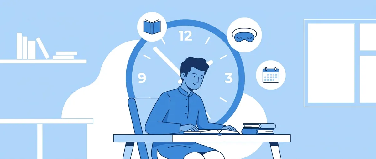 Student managing time during board exam with clock and study materials