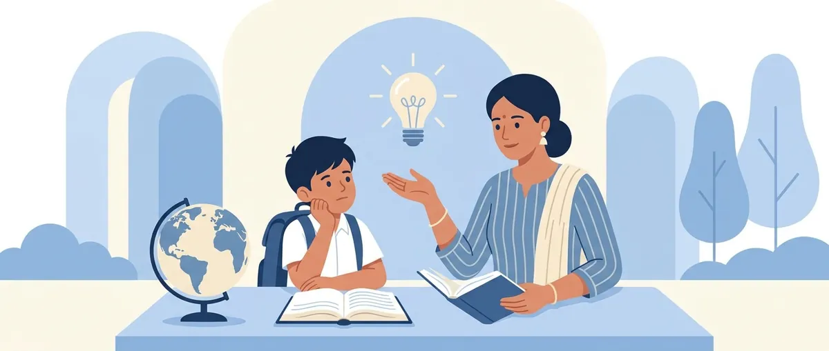 Parent and child sitting together at study table with books and laptop, smiling and engaged in learning