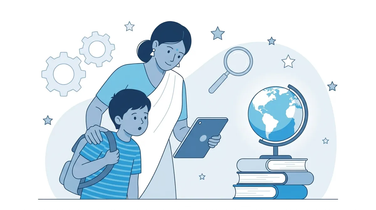 Parent and child sitting together at study desk with books and tablet, child looking engaged