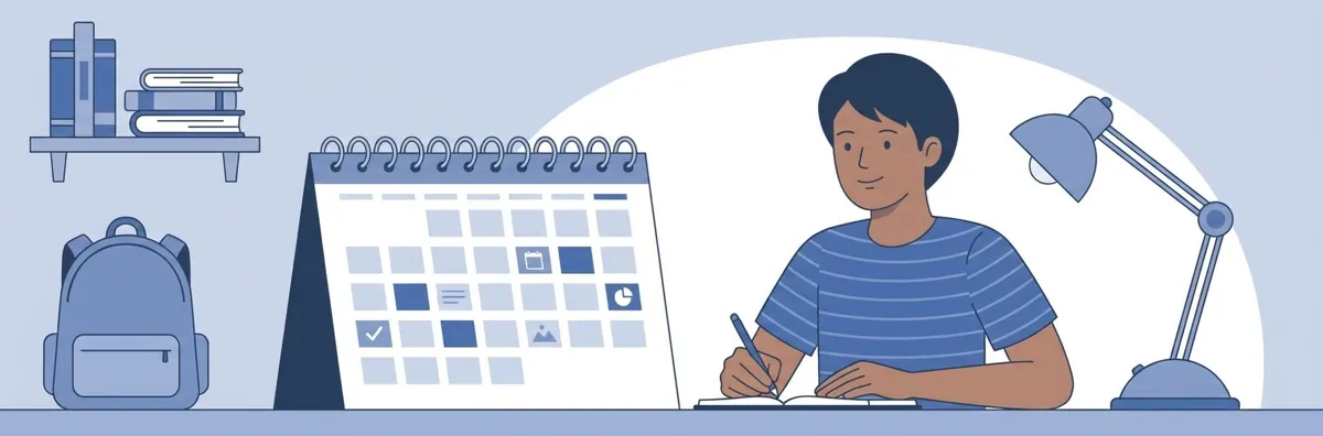 A student writing in a planner with a study timetable, books, and clock visible on a desk