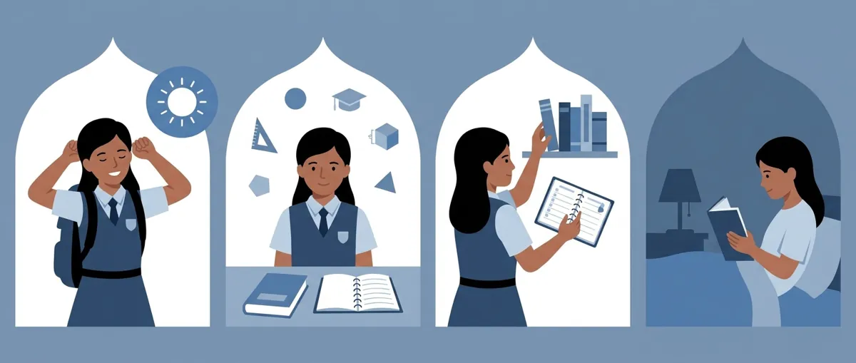 School student following a structured daily routine with study blocks, meals, and rest periods