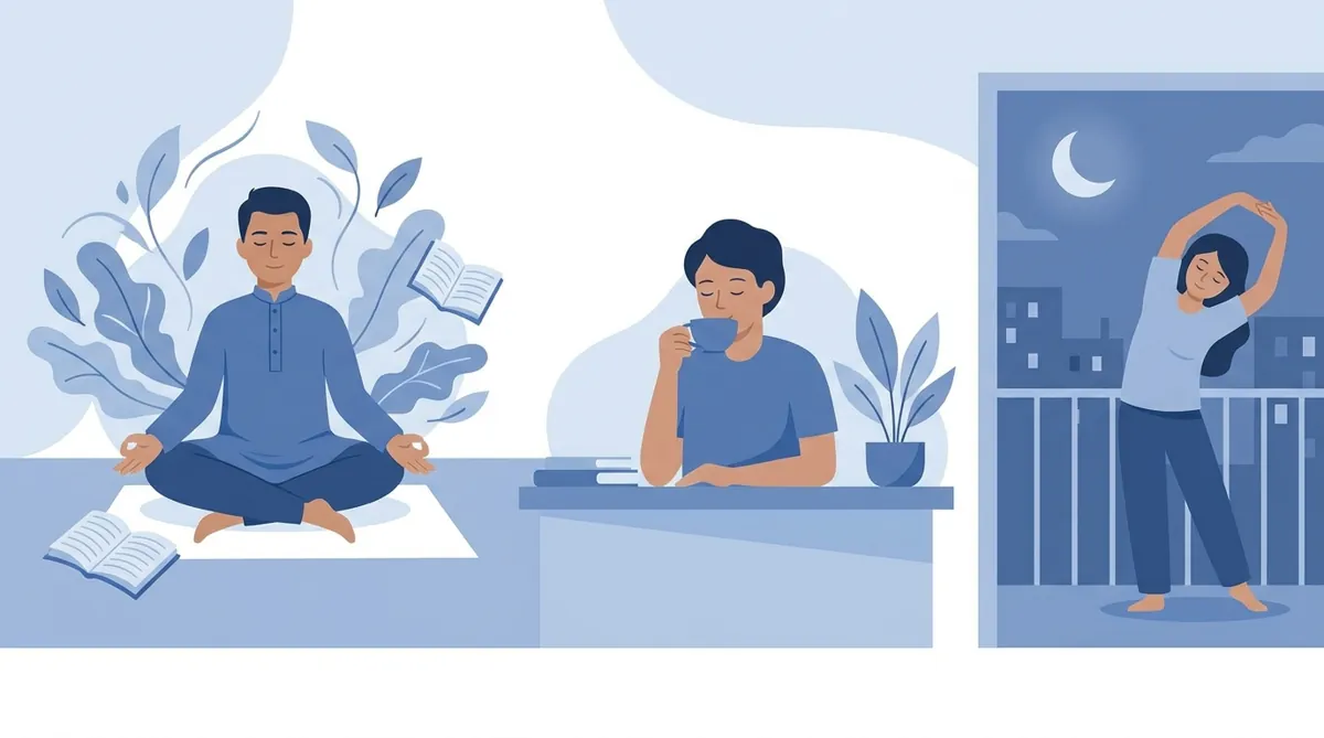Student meditating at desk with books, representing calm exam preparation