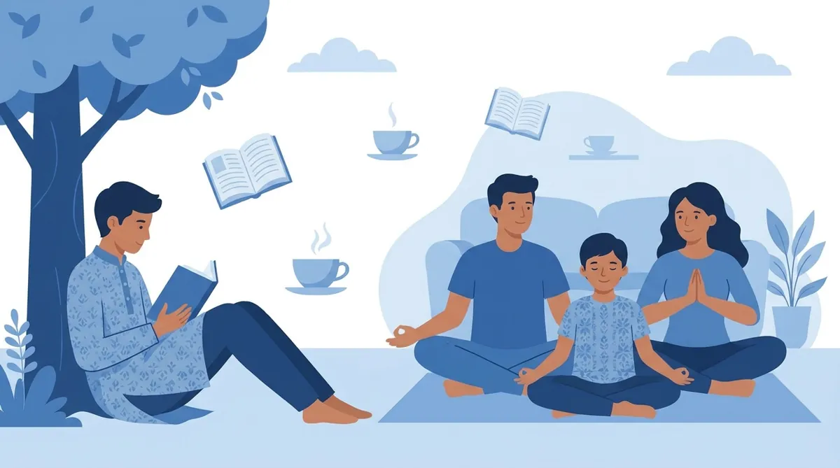 Student studying calmly at desk with parent offering supportive guidance in background