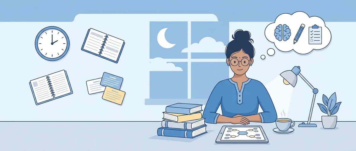 Student revising notes with mind map and textbooks on desk