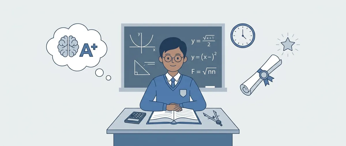Student solving maths problems at desk with notebook and calculator for board exam preparation