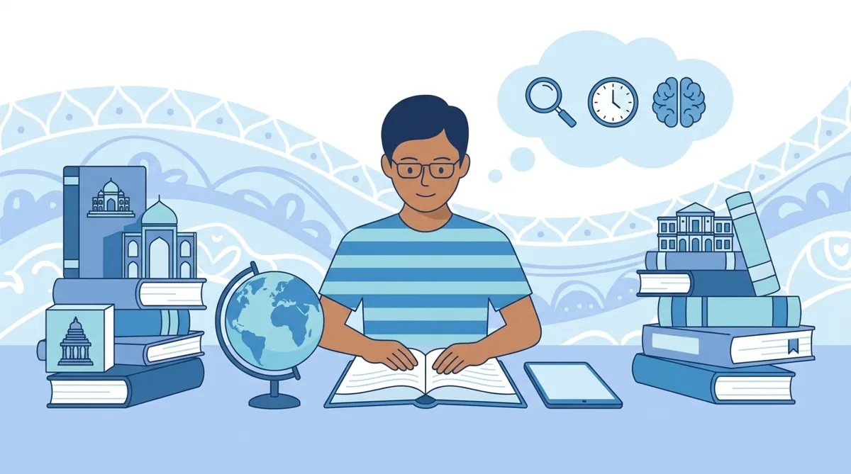 Student studying Indian history with timeline chart and history textbook for Class 8 social science