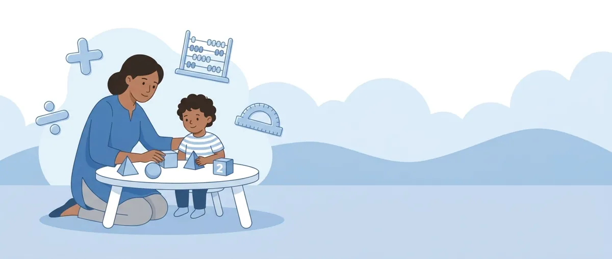 Child sitting at desk with math worksheet, tutor explaining concepts with patience and encouragement