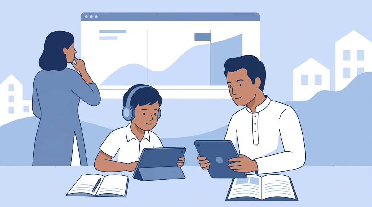 Parent reviewing child's progress report with home tutor during one-on-one session