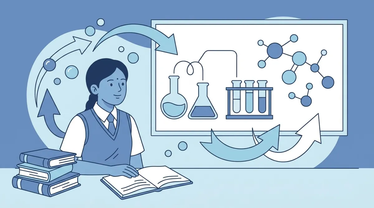 Illustration of chemical reaction showing reactants transforming into products with balanced equation symbols