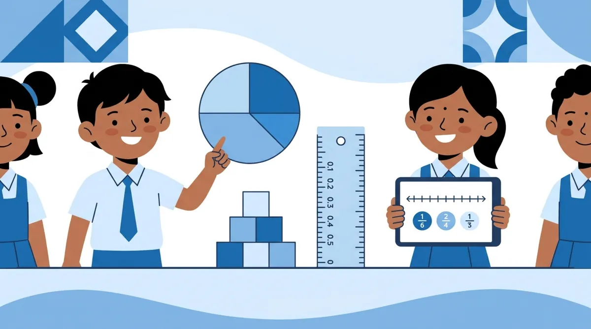 Visual representation of fractions and decimals with pie charts and number lines for Class 5 students