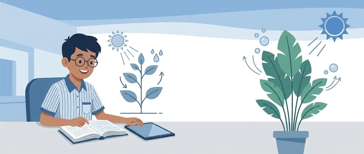 Diagram showing photosynthesis process with sunlight, water, carbon dioxide, and glucose production in plant leaf