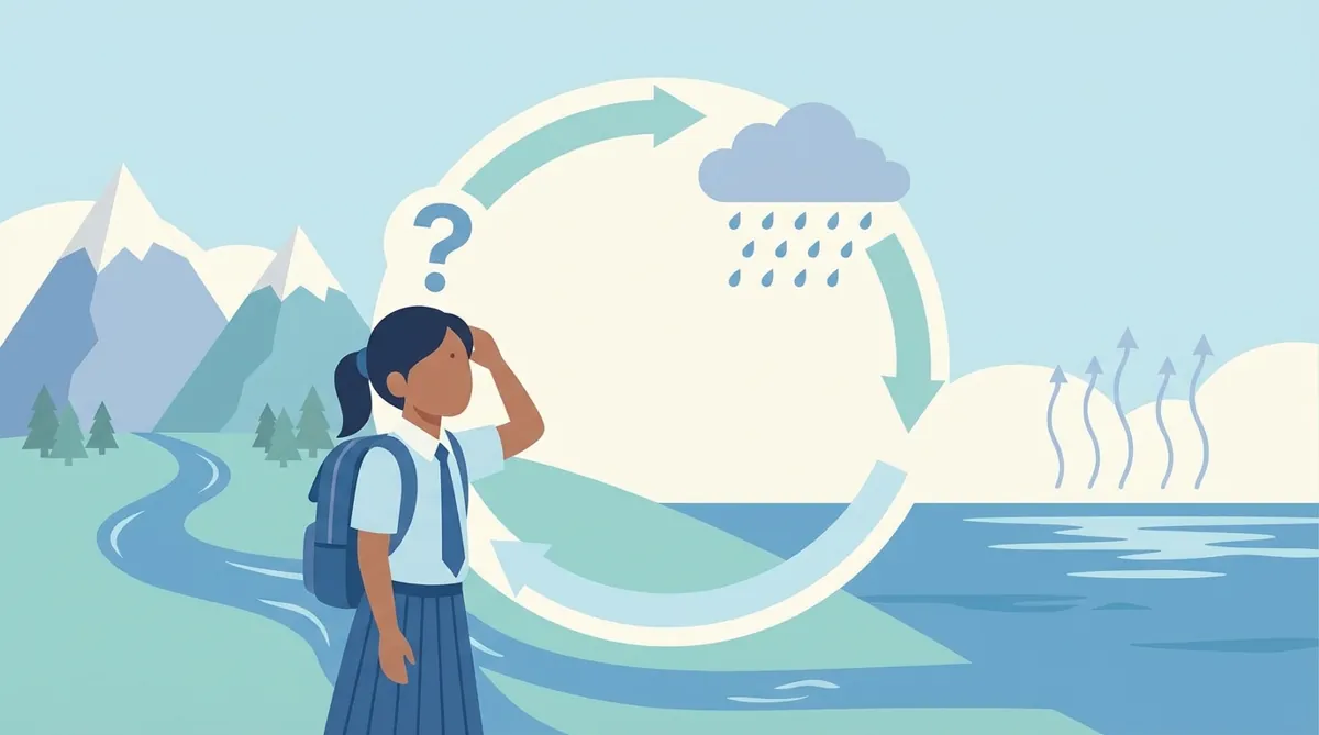 Diagram showing the four stages of the water cycle: evaporation from water bodies, condensation in clouds, precipitation as rain, and collection in oceans and rivers