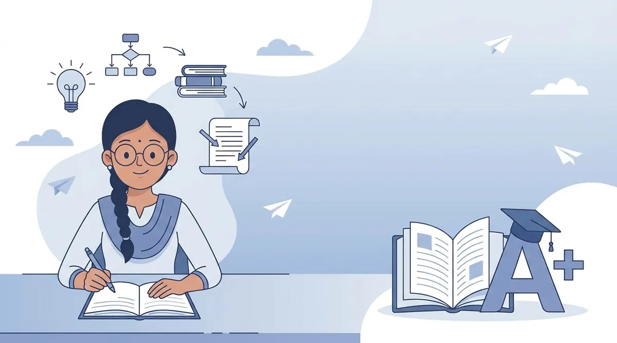 Student writing an English essay at desk with notebook and pen