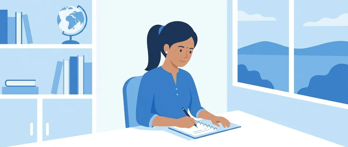 Student writing an English essay at desk with notebook and pen